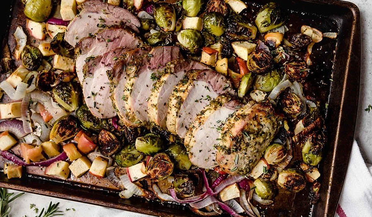 One-Pan Pork Loin with Brussels and Apples by the Real Food Dietitians